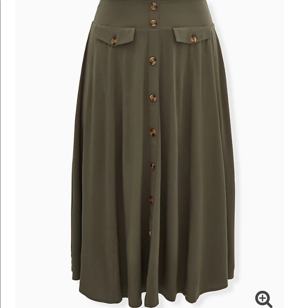OLIVE GREEN CHALLIS HIGH WAIST BUTTON MIDI SKIRT